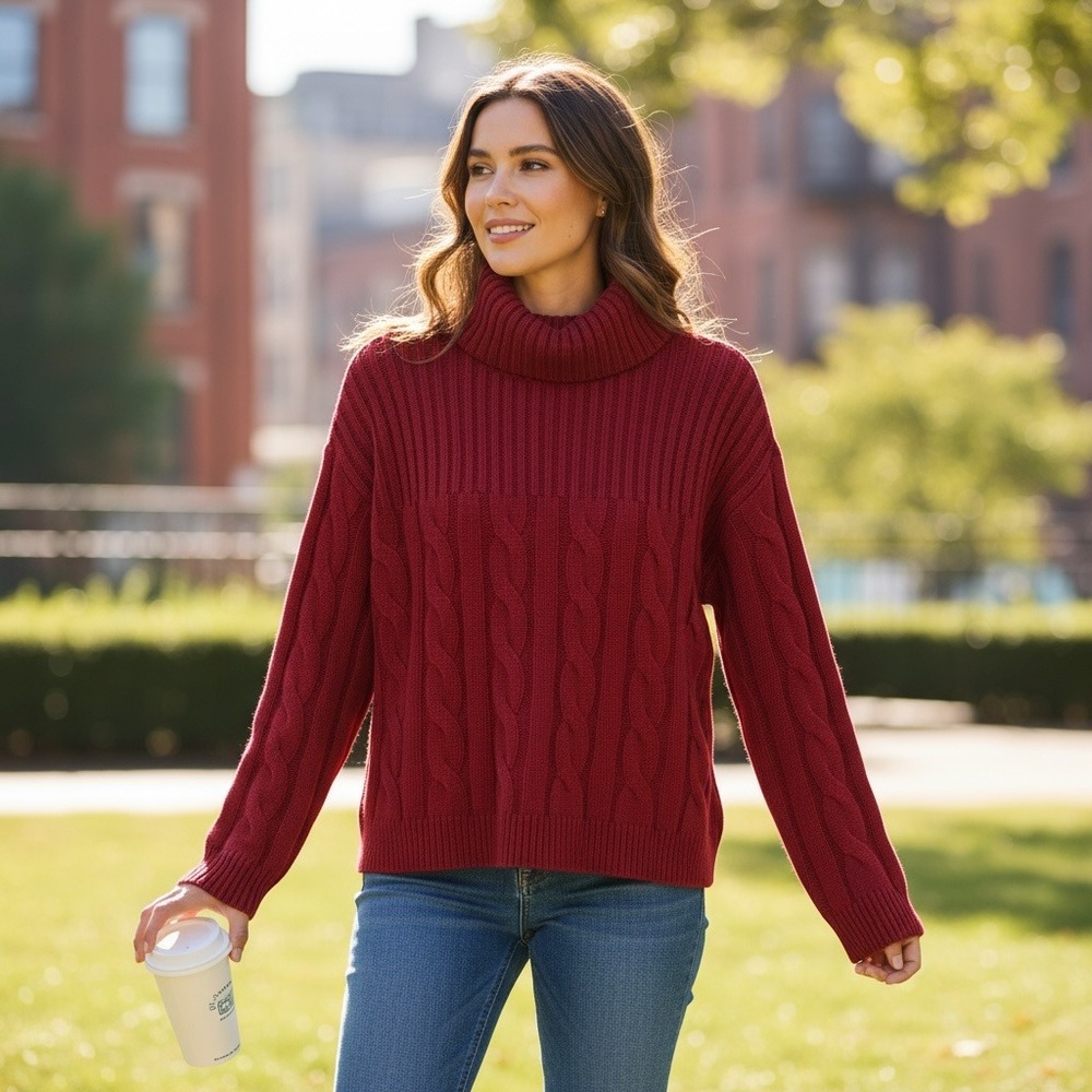 Calvin Klein Cable Knit Turtleneck Sweater Womens Small Red Preppy Y2K Chunky